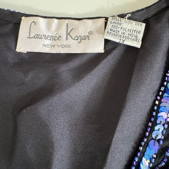Vintage Sequined Top 100% Silk‎ Blouse Glam Laurence Kazar Black Blue Size 1X - Picture 7 of 11